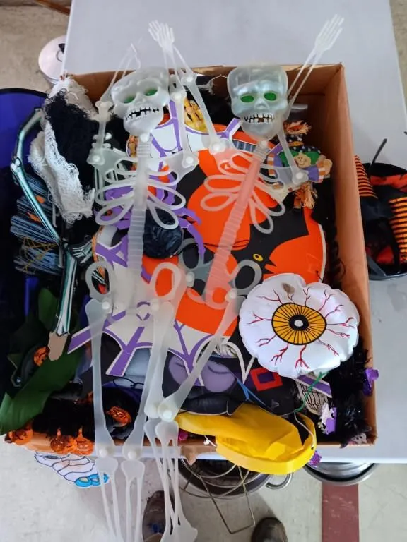 Box of Halloween decor and lights.