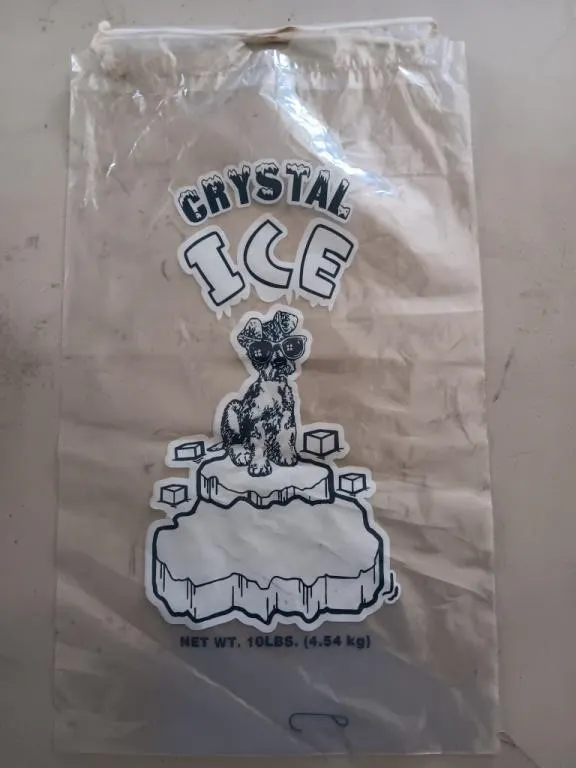 Box of 10Lb. ice bags. Crystal Ice printed on