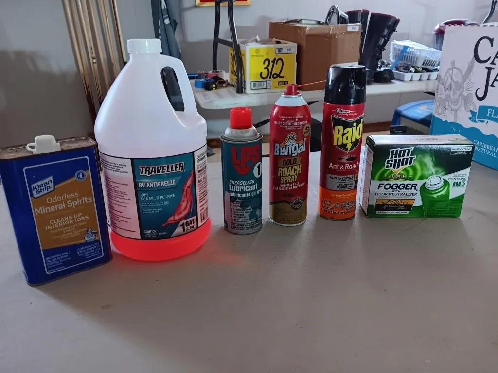 Chemicals, insecticides, lubricant. Used.