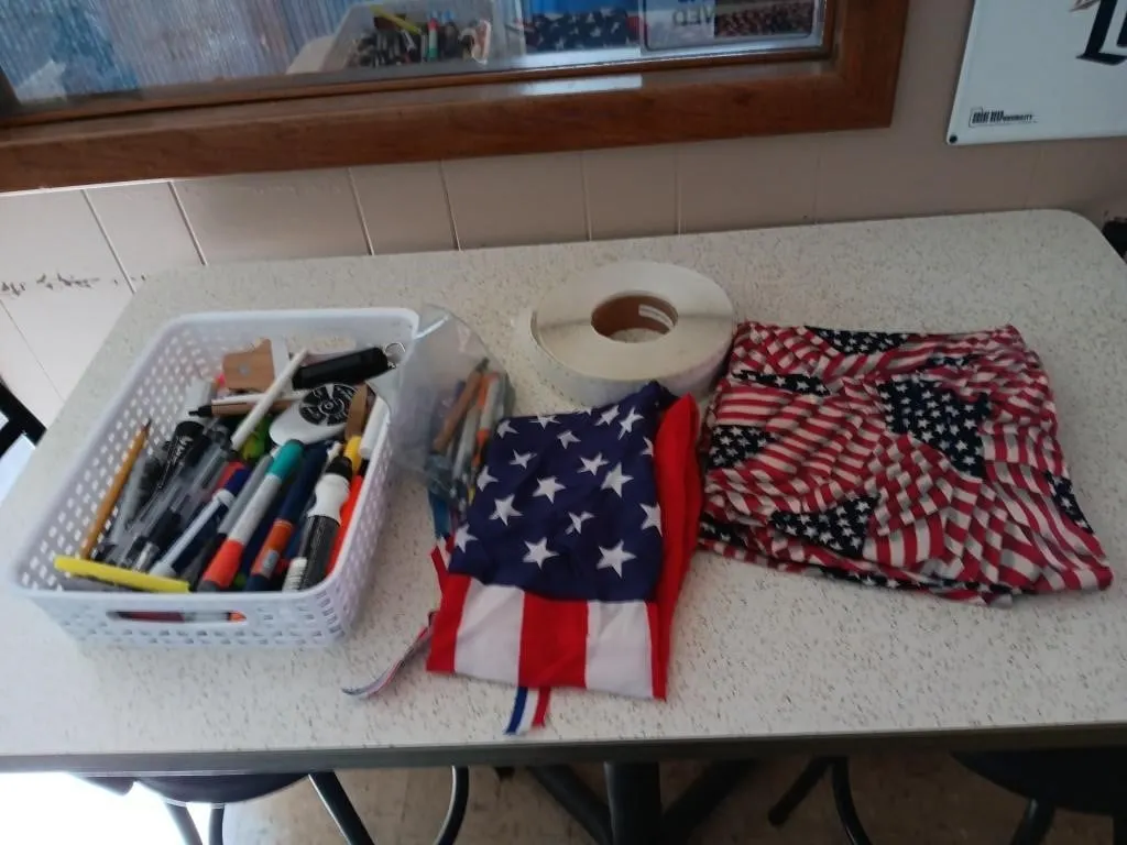Assortment Of Pens, Dot Stickers, curtains &