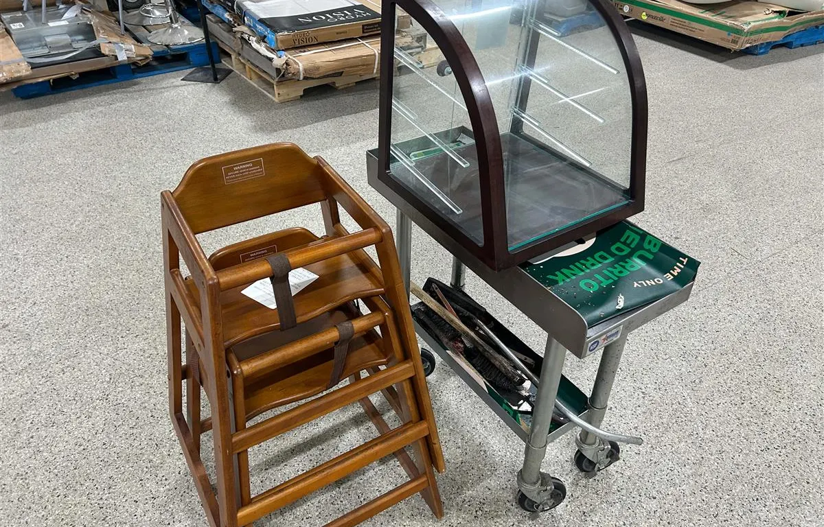 (2) Wooden Restaurant High Chairs, Rolling Cart & Display
UNRESERVED