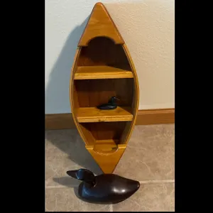 Hand Crafted Wooden Canoe and (2) Ironwood Duck Decorations