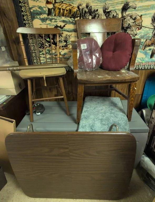 Wood Chairs, Cushions, Carpet Mats, and Folding Table