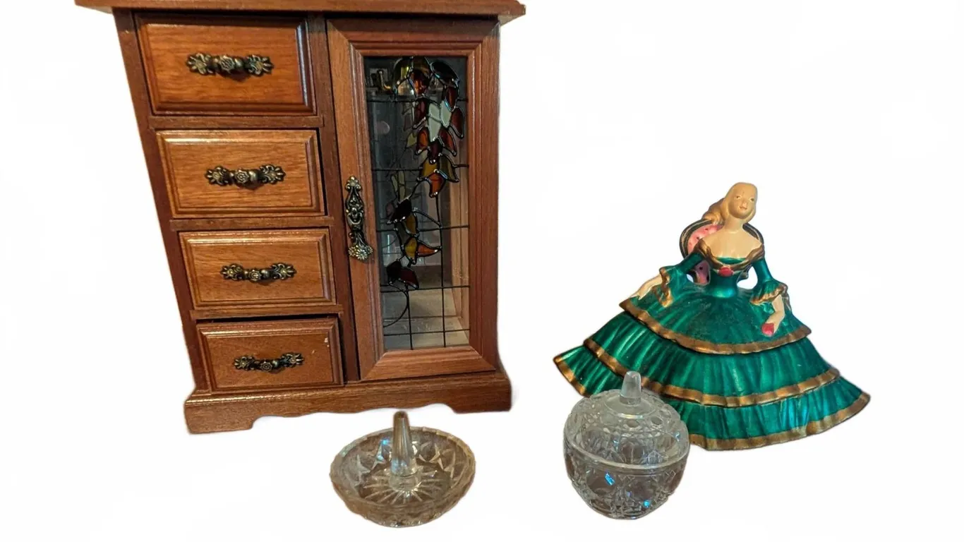 Wooden Jewelry Box, Lady Trinket Box, and Glass Containers
