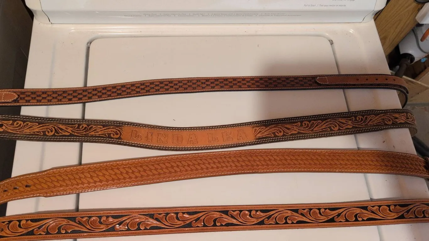 Four Tooled Leather Belts, 32/80 to 32 Inch, Various Brands