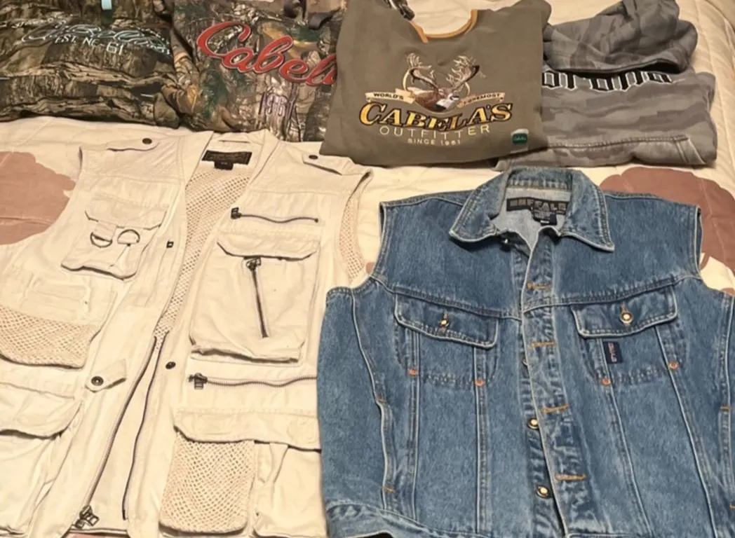 Outdoor Apparel Lot: Eddie Bauer Vest, Cuffalo Denim, Cabela's Hoodies, Corona Hoodie, Mammoet Bag