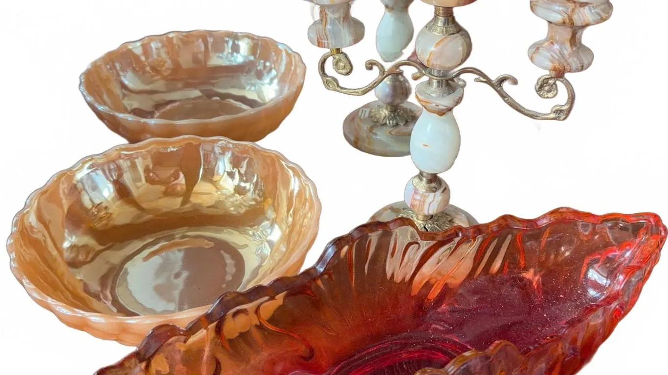 Stone and Brass Candlestick Holder with Carnival Glass Bowls