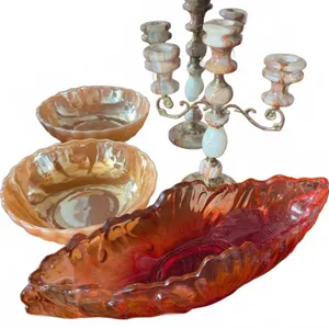 Stone and Brass Candlestick Holder with Carnival Glass Bowls