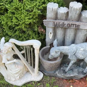 Garden Statues: Angel with Harp and Deer with Welcome Sign