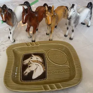 Ceramic Horse Figurines and Horse Motif Ashtray Set