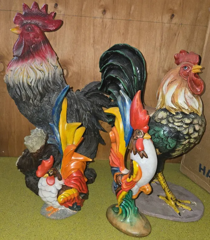 4 Painted Ceramic Rooster Figurines