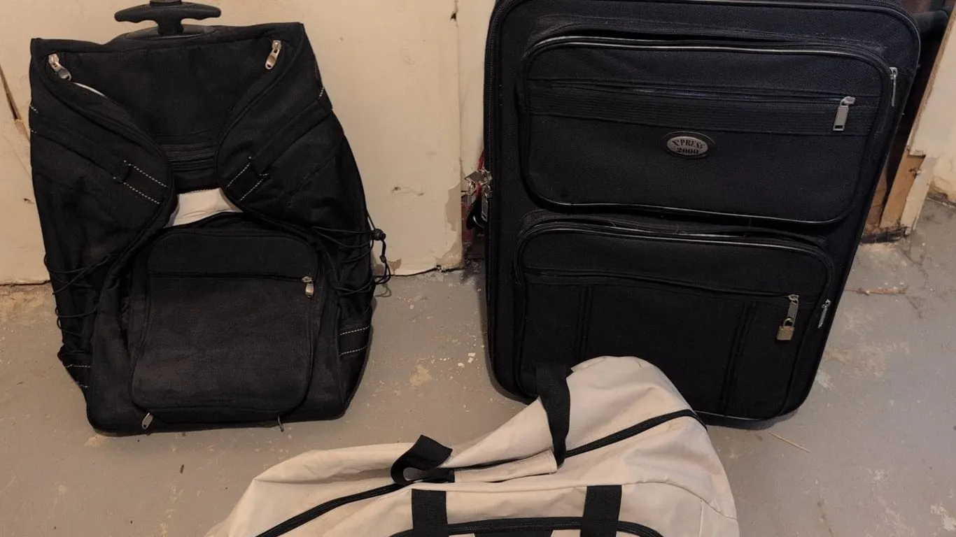 Three Travel Bags: Suitcase, Wheeled Bag, Duffel Bag