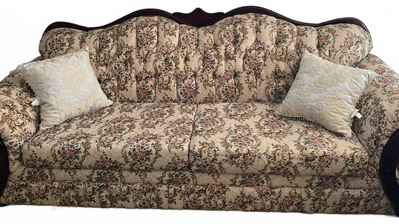 Upholstered Floral Sofa with Carved Wood Trim, 38x86x21 Inches