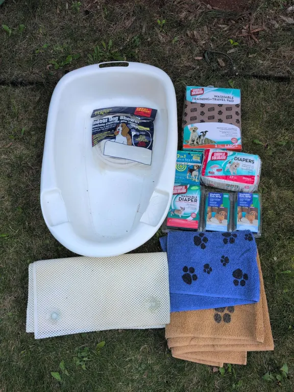 Pet Bath and Care Lot With Dog Tub, Diapers, Towels, and Pads