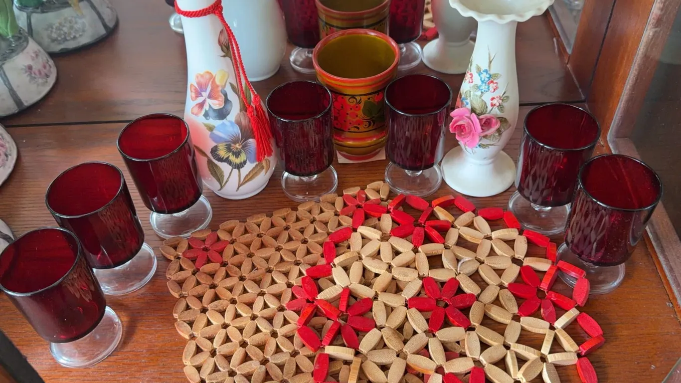 Red Glass Goblets, Floral Vases, and USSR Wooden Cup