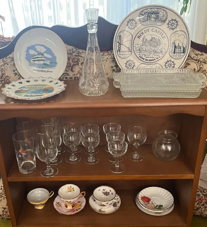 Glass and Ceramic Tableware Set Including Souvenir Plates and Decanter