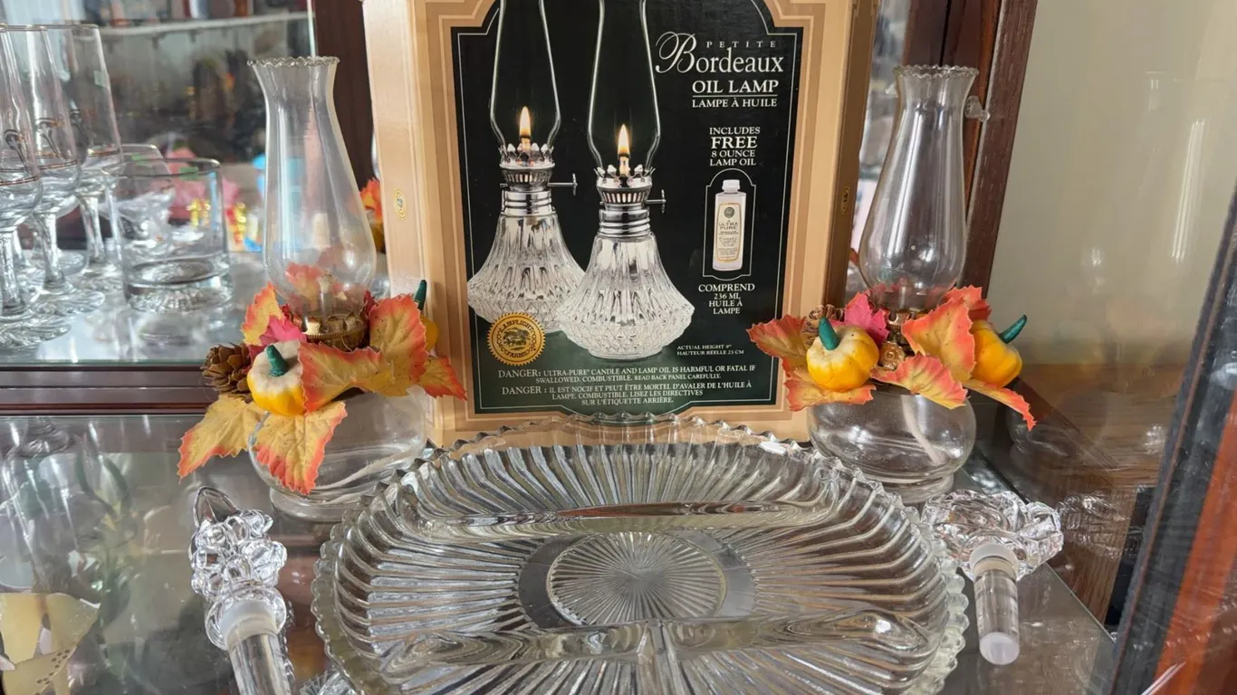 New-in-Box Petite Bordeaux Oil Lamps and Mikasa Park Lane Bottle Stoppers