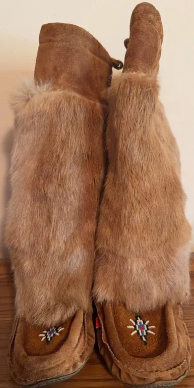 Rabbit Fur and Leather Moccasin Boots with Beaded Detail