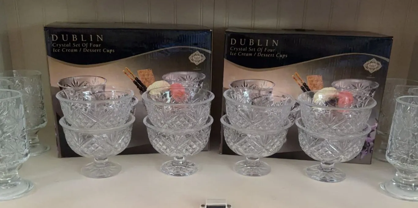 Dublin Crystal Ice Cream/Dessert Cups and Embossed Glass Mugs Set