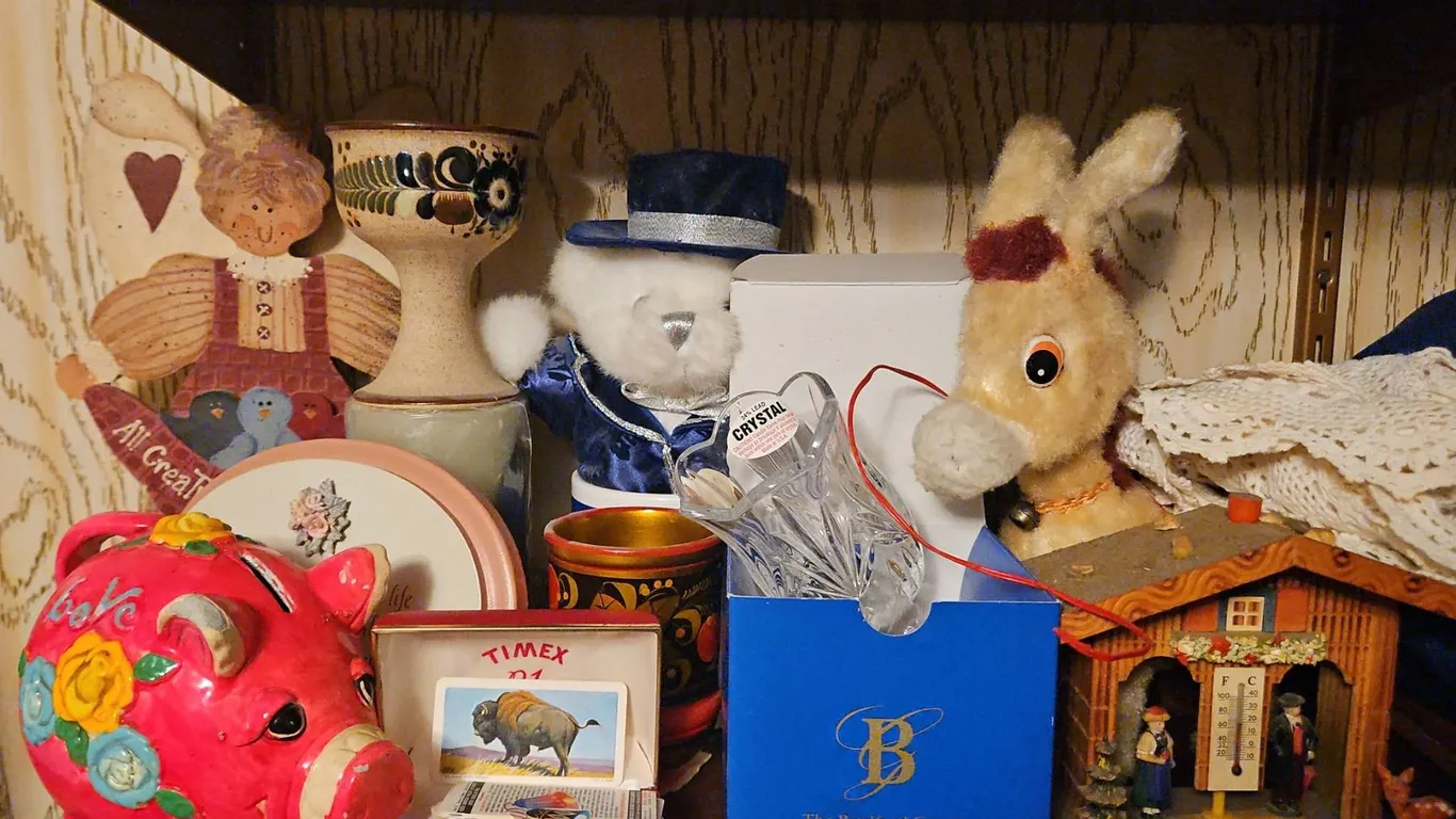 Collectibles Lot: Piggy Bank, Thermometer, Crystal Vase, Toys