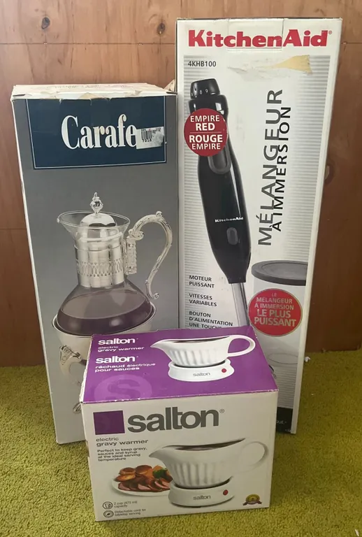 Kitchen Aid Immersion Blender, Zellers Silver Plated Carafe, Salton Gravy Warmer