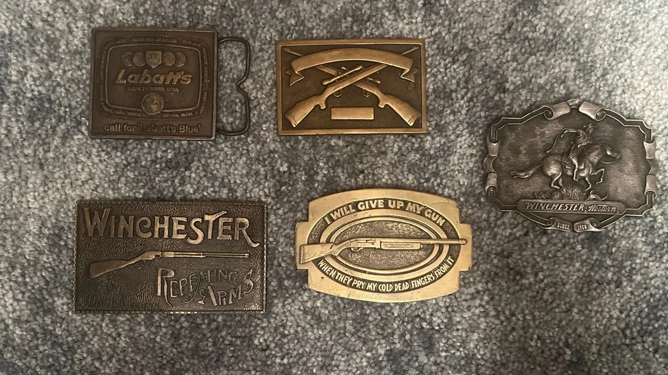 5 Collectible Brass Belt Buckles: Winchester, Labatt's, NRA