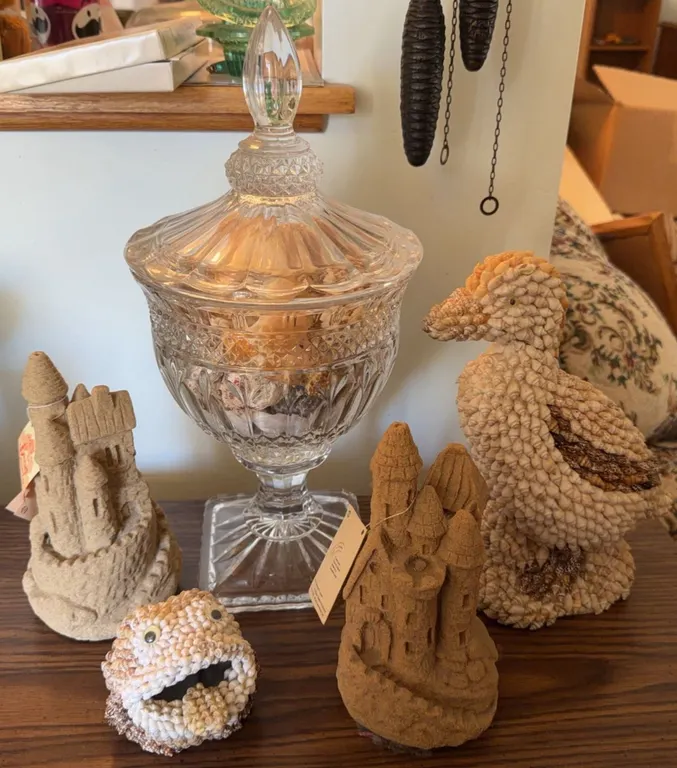 Sand Castles, Shell-Covered Duck, Crystal Jar with Shells