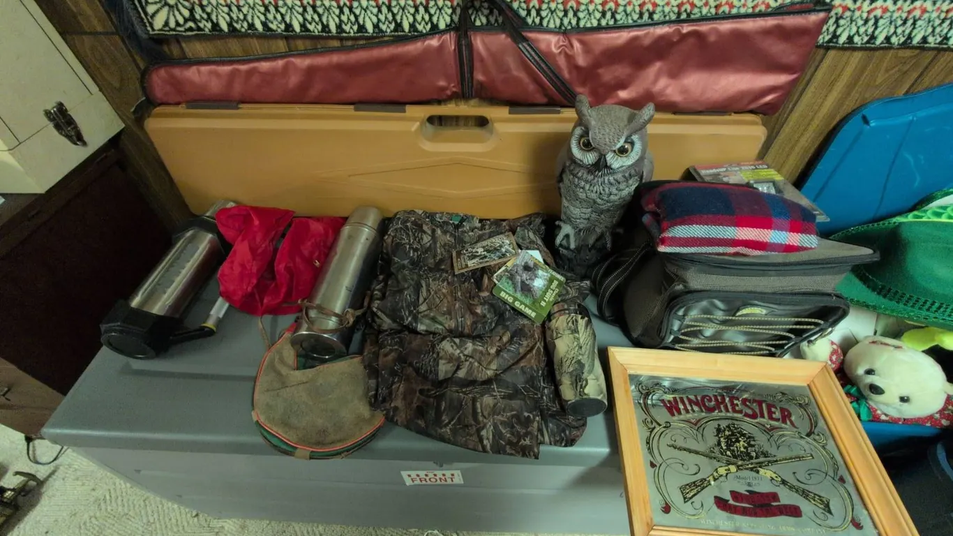 Hunting and Outdoor Gear Lot: Cabela's Camouflage, Thermoses, Winchester Sign