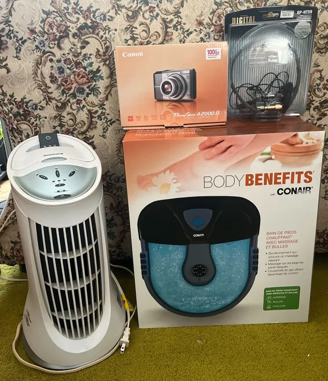 Canon PowerShot A2000 IS Bundle, Honeywell Air Purifier, Conair Foot Spa, Panasonic RP-HT59 Headset