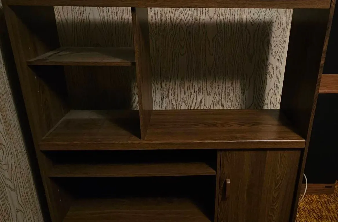 Wood Finish Particle Board TV Stand with Shelves and Cabinet