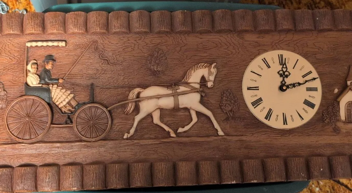 Rectangular Wall Clock With Horse and Carriage Relief
