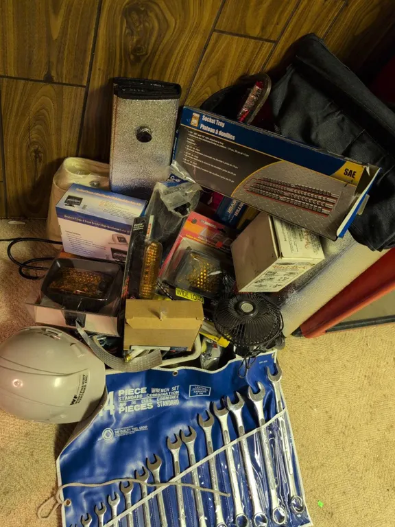 Automotive and Construction Mixed Lot: Tools, Lights, Hard Hat, LCD Monitor