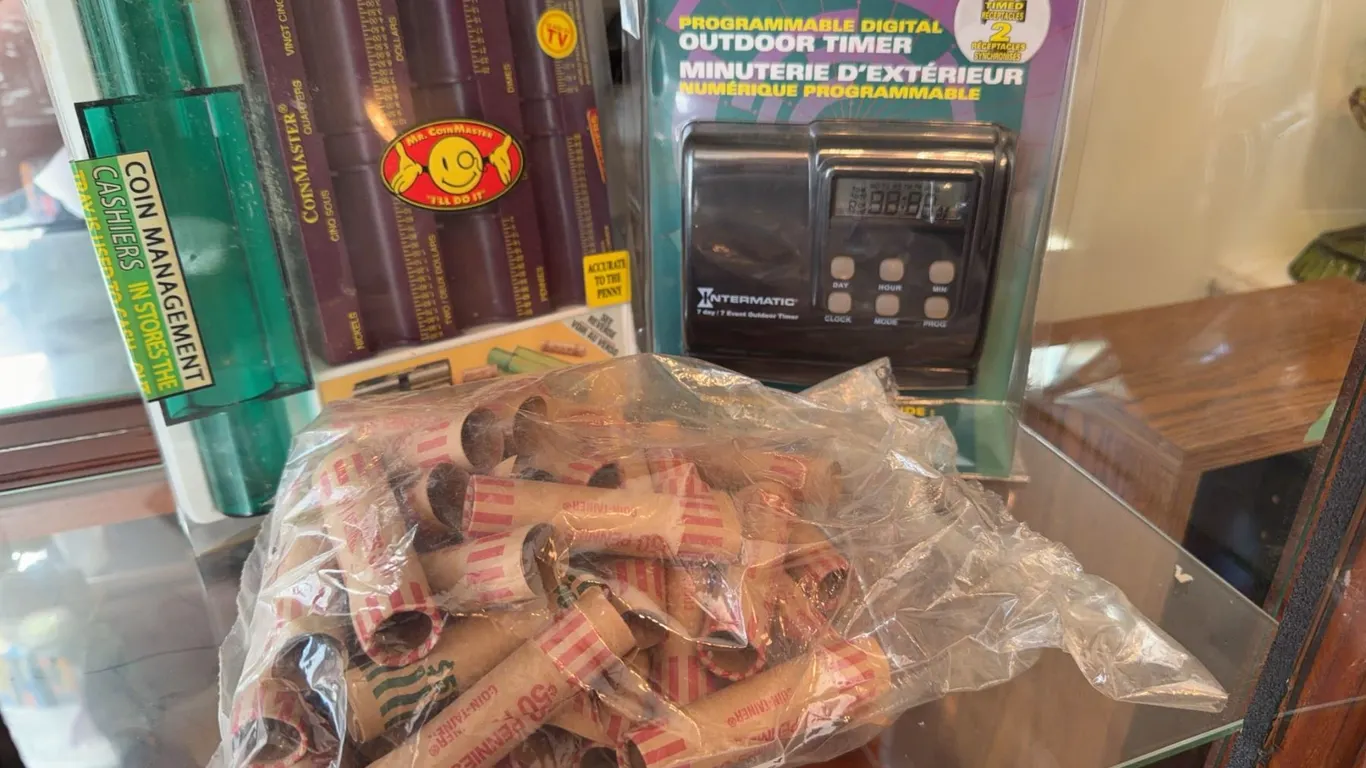 CoinMaster Tray, Intermatic Outdoor Timer, and Assorted Coin Wrappers