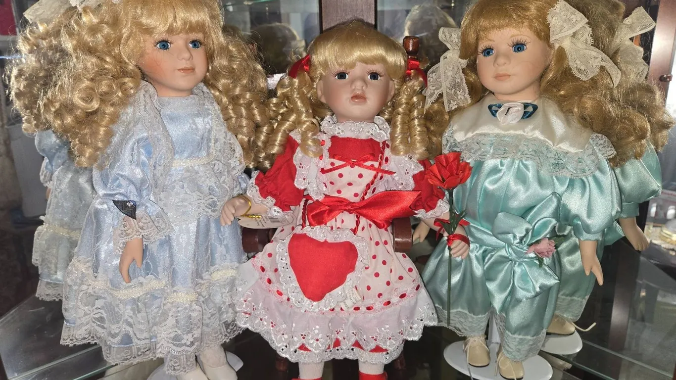 3 Blonde Porcelain Dolls in Lace and Satin Dresses