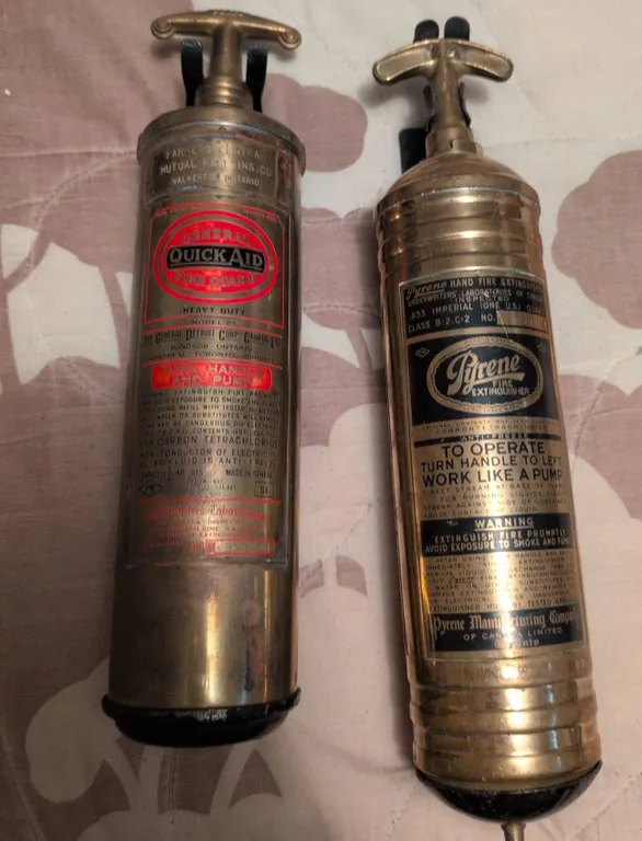 Two Brass Hand-Pumped Fire Extinguishers, General Quick Aid & Pyrene
