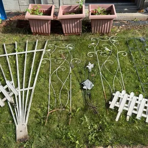 Metal Garden Trellises and Three Plastic Plant Pots