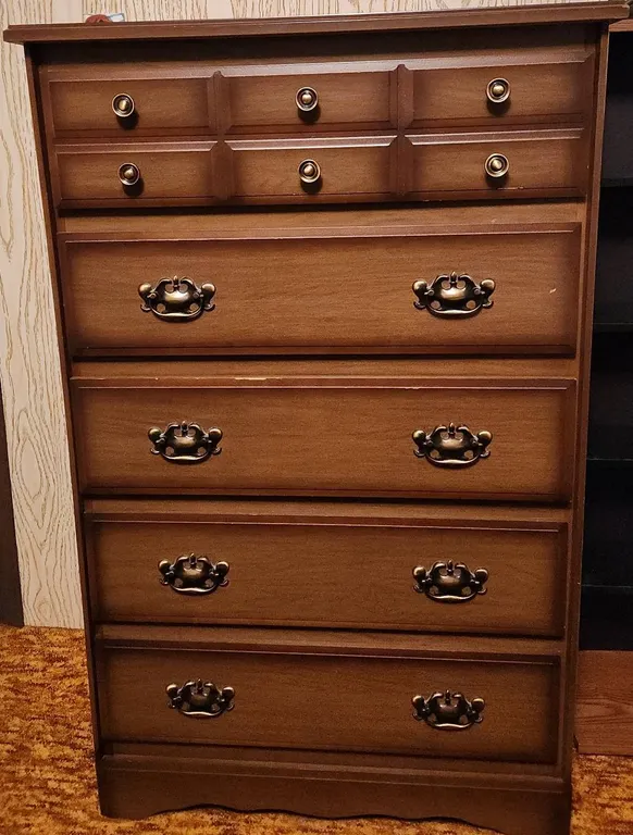 Wooden Chest of Drawers with Brass-Tone Handles, Made in Canada
