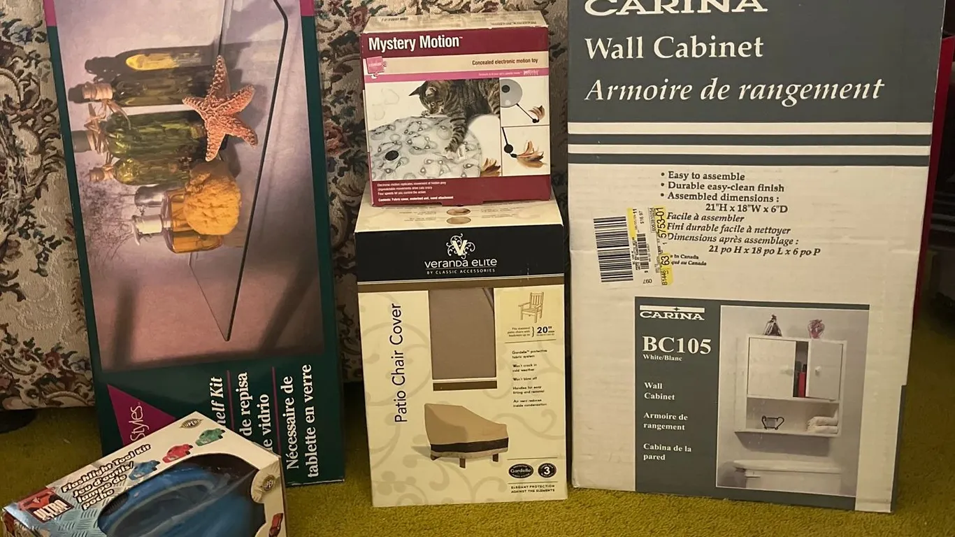 Household Lot With Carina Wall Cabinet, Glass Shelf, Petlinks Toy, Ultra Steel Tool Kit, Patio Chair