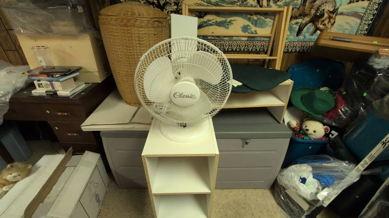 Lot: Fan, Rubbermaid Shelf, Wicker Hamper, Wood Racks