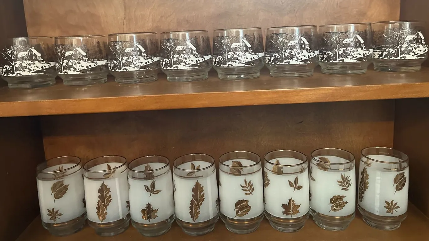 Libbey St. Clair Glass Sets with Winter and Leaf Motifs, Boxed