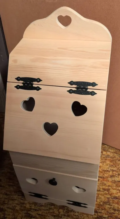 Wooden Bin Cabinet With Heart Cutouts and Pegboard Back