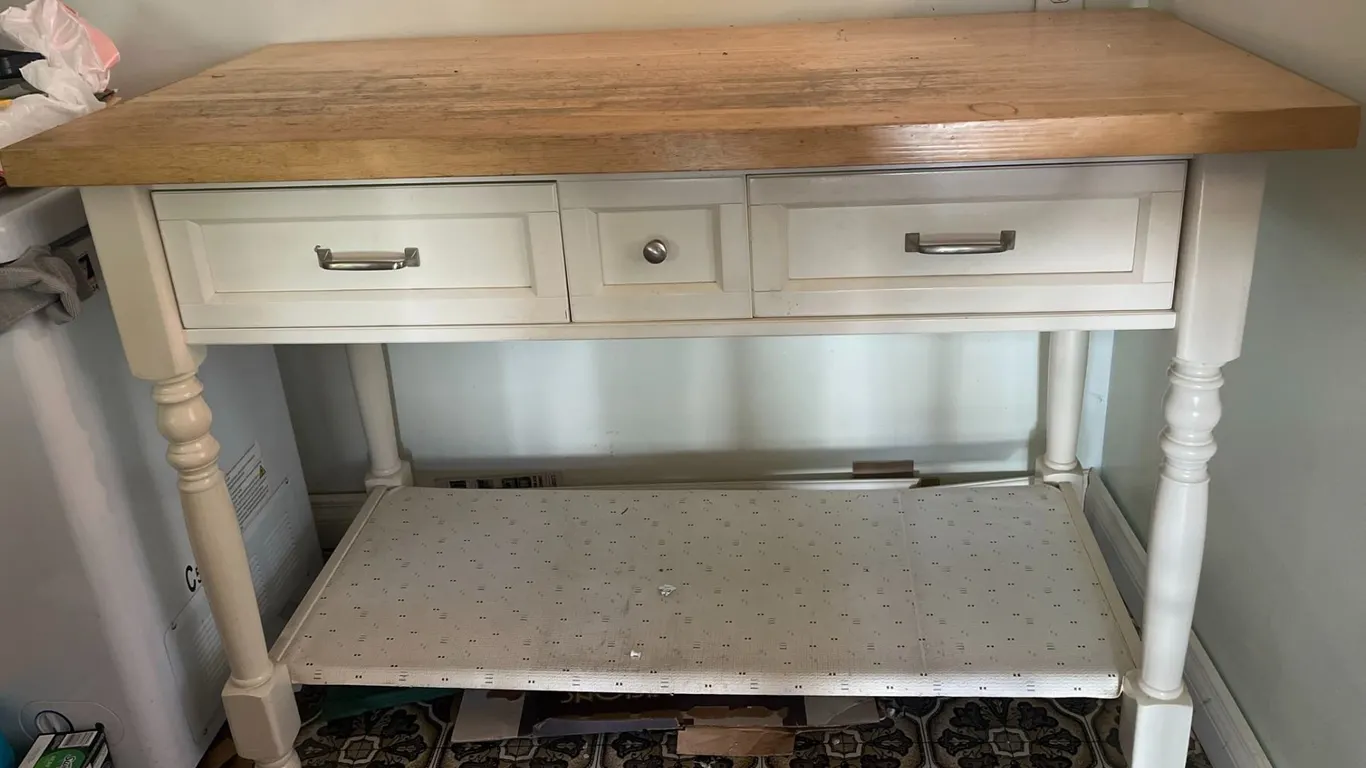 Wood Top White Kitchen Island and Blue Quilted Bar Stool