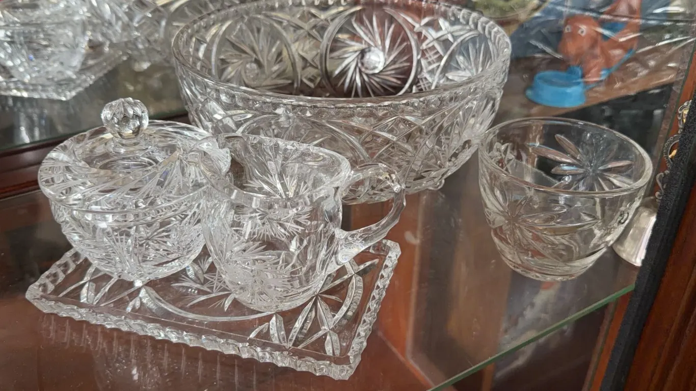 Pressed Glass Table Set with Creamer, Sugar Bowl, Tray, and Serving Bowl