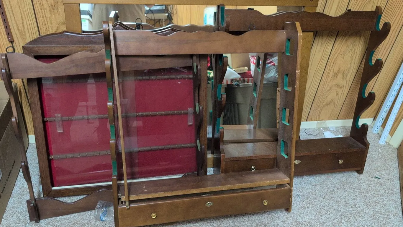 Three Wooden Wall Display Shelves and Shadow Boxes