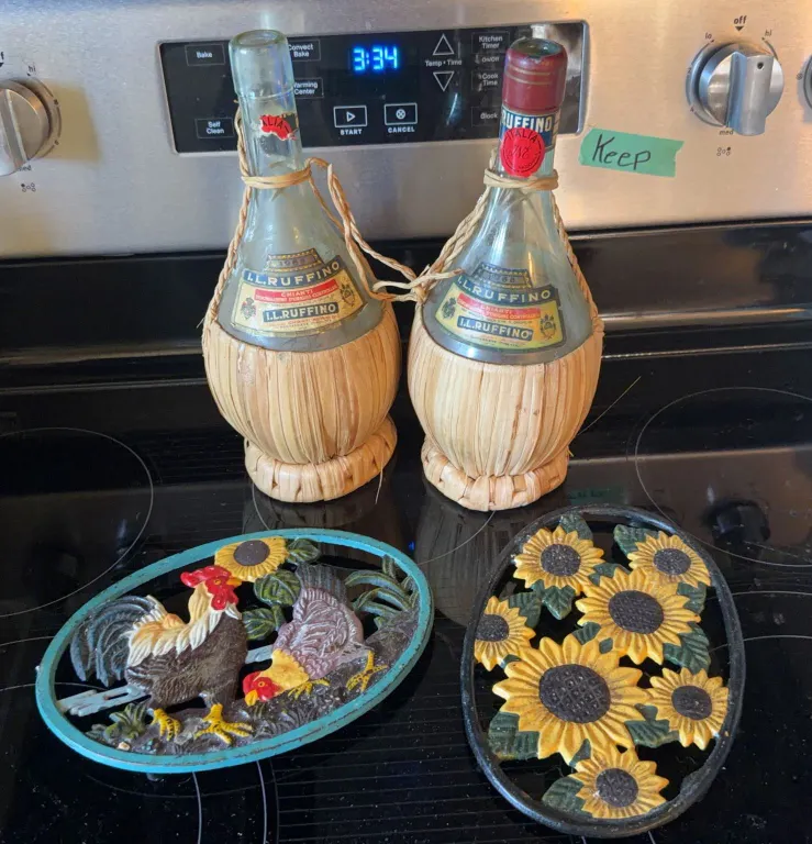 Cast Iron Pot Holders and Il Ruffino Vintage Wine Bottles