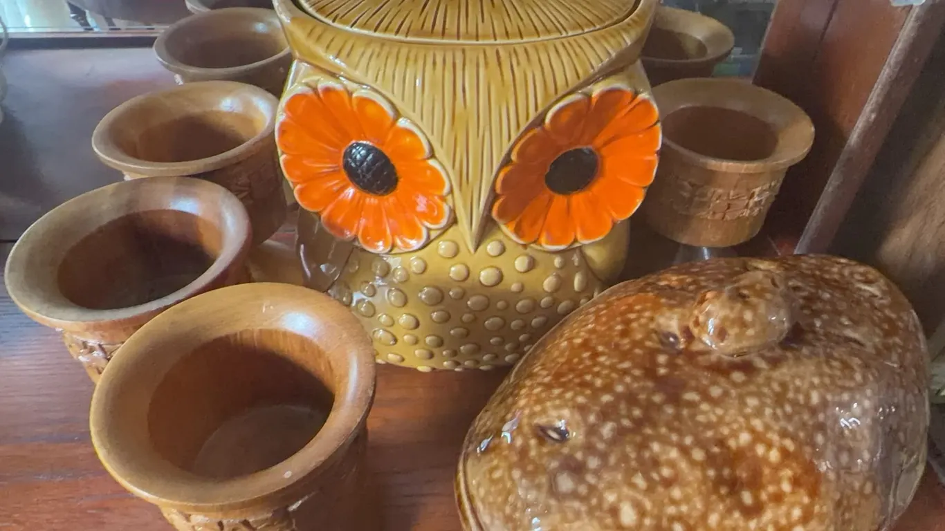 Owl Ceramic Cookie Jar, Ceramic Potato-Shaped Server, and 6 Wooden Goblets