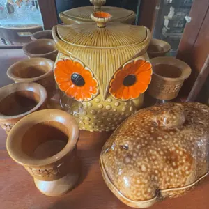 Owl Ceramic Cookie Jar, Ceramic Potato-Shaped Server, and 6 Wooden Goblets