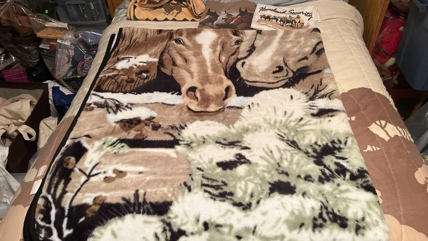 Horse Theme Fleece Blanket, 2 T-Shirts, and Canvas Tote Bag Lot