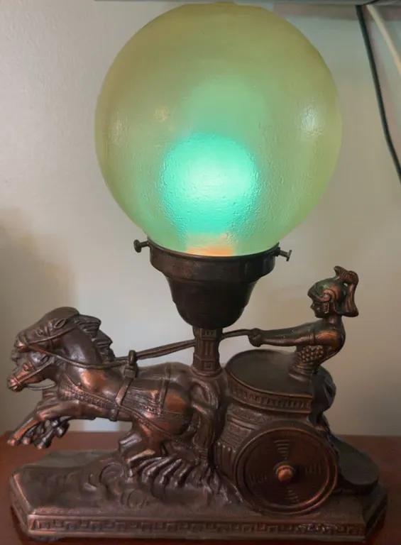 Metal Chariot Table Lamp with Frosted Glass Globe Shade