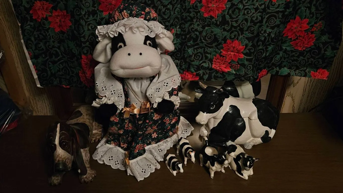 Decorative Cow Figurines, Cookie Jar, and Basset Hound Figure